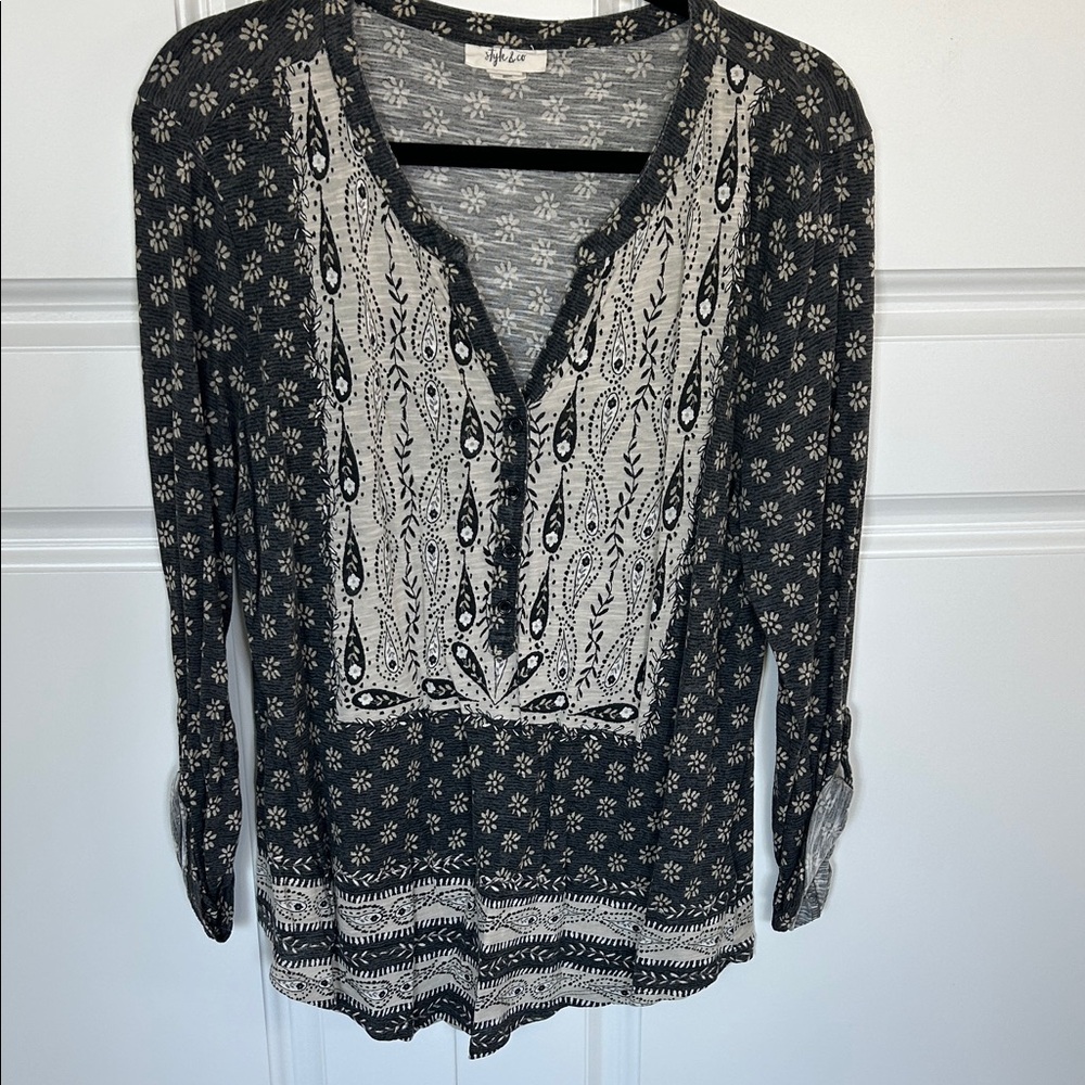 Style & Co. Black and Cream Patterned Blouse